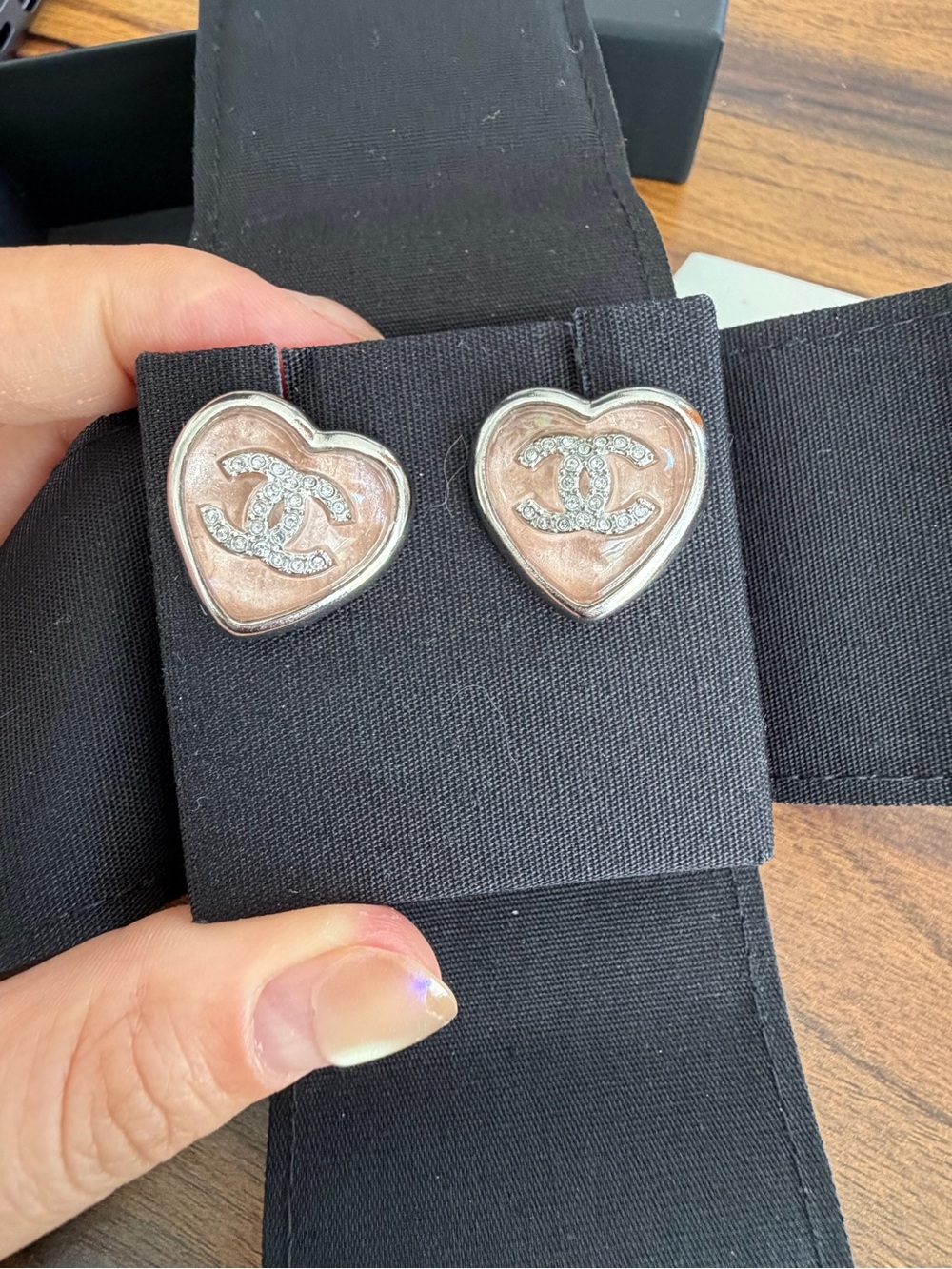 Authentic CHANEL Silver-Tone Heart CC Crystal Earrings with Blush Enamel